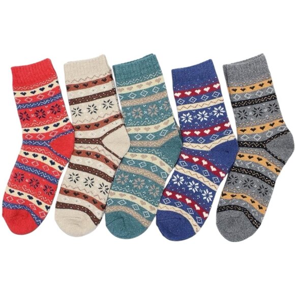 NEW 5 Sets Womens Heavy Knit Colorful Fair Isle Hearts Winter Cabin Socks Bundle - Picture 1 of 3